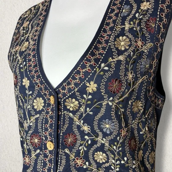 Vintage 90s navy floral embroidered vest size medium - Picture 4 of 5